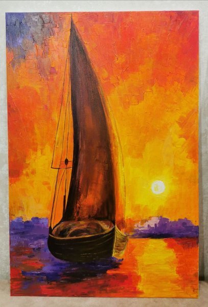 Modern Marine Art Painting Sailboat on the evening waves by painter Oxana_art acrylic canvas 