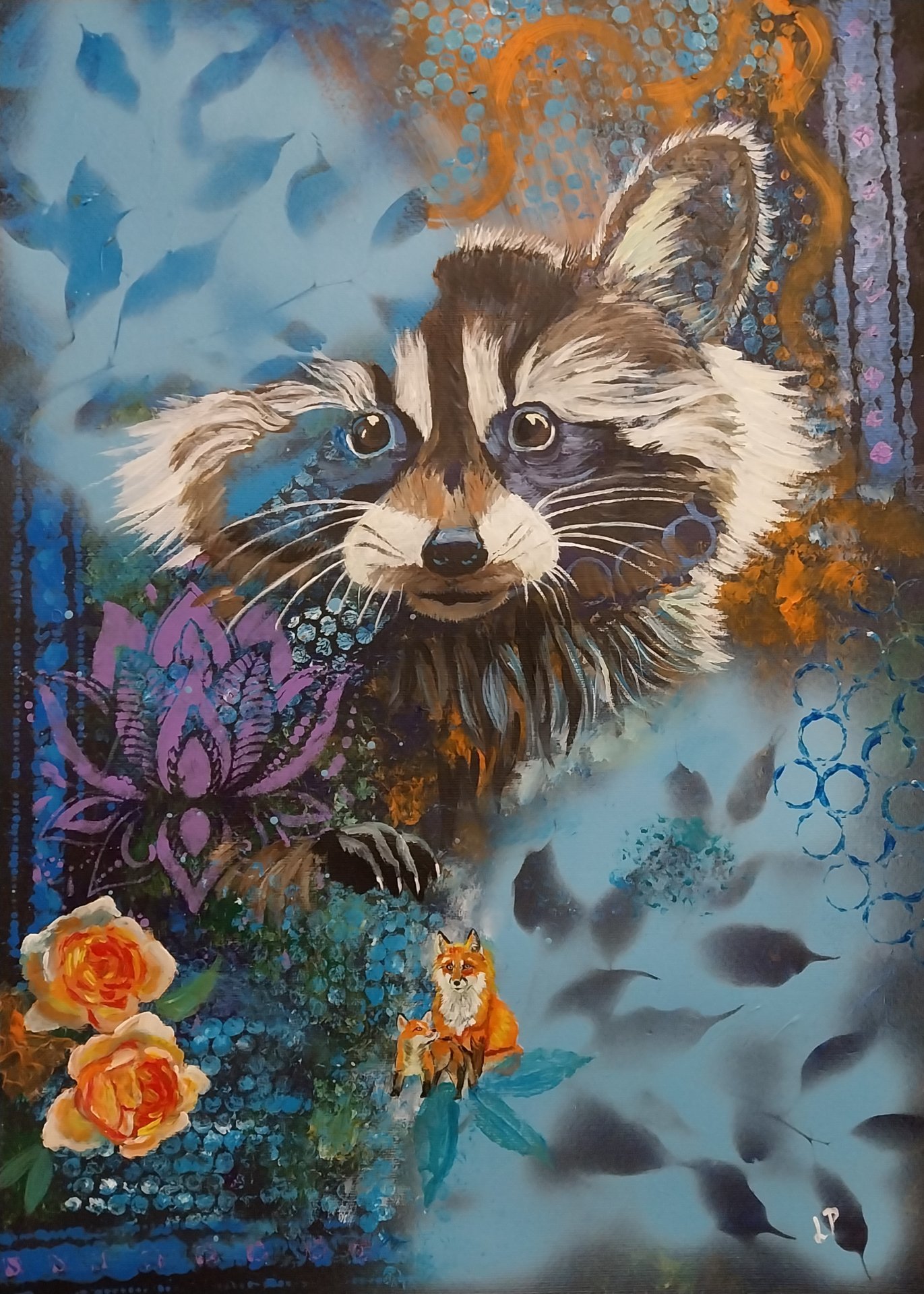 Le raton laveur dans l'art déco animalier Peinture de Larisa Pires, image size:1371x1920