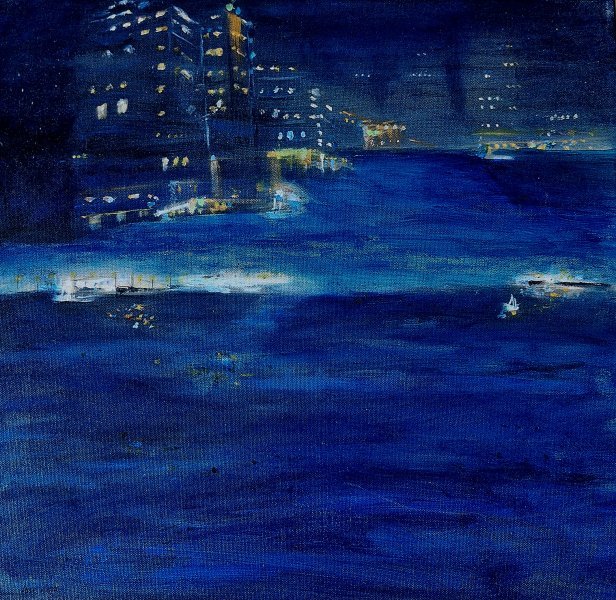 Contemporary Art Marine Art Painting Midnight City Waterfront Views by painter Aase Lind acrylic canvas 
