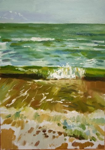 Peinture "Paysage marin : vagues d'été", peintre Anton Babenko huile carton à la Jose Art Gallery