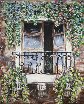 原画　「Beautiful balcony」アクリル画　オリジナル作品 Balcony of Time Painting by SOKOL ART - Jose Art Gallery