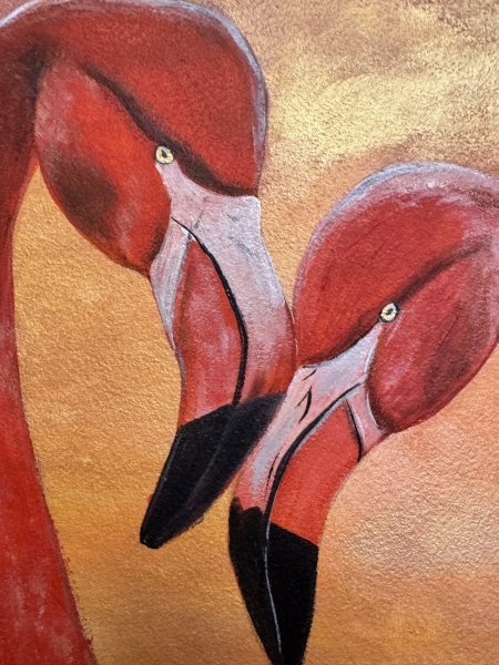 Immagine aggiuntiva 1: Surrealismo Animalistico Grafica "Fenicotteri al tramonto: la magia della fauna selvatica", illustratore Anna Chekus acrilico cartone 