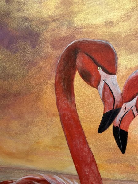 Immagine aggiuntiva 4: Surrealismo Animalistico Grafica "Fenicotteri al tramonto: la magia della fauna selvatica", illustratore Anna Chekus acrilico cartone 