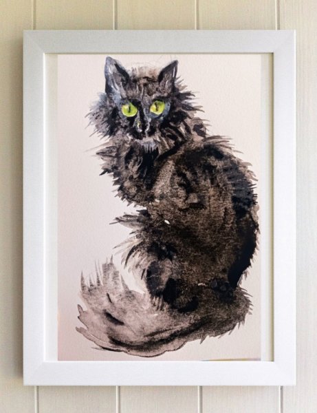 Image supplémentaire 1: Minimalisme Animalisme Peinture "Silhouette Nocturne : La Magie du Chat", peintre Daniela Vasileva aquarelle papier 