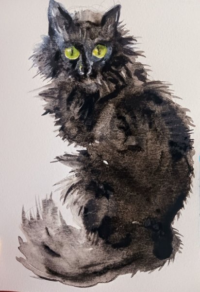 Image supplémentaire 2: Minimalisme Animalisme Peinture "Silhouette Nocturne : La Magie du Chat", peintre Daniela Vasileva aquarelle papier 