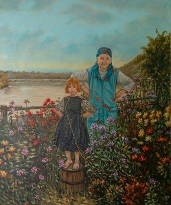 Painting "Grandma's Autumn" by painter Tamara Shemiakina oil canvas at Jose Art Gallery
