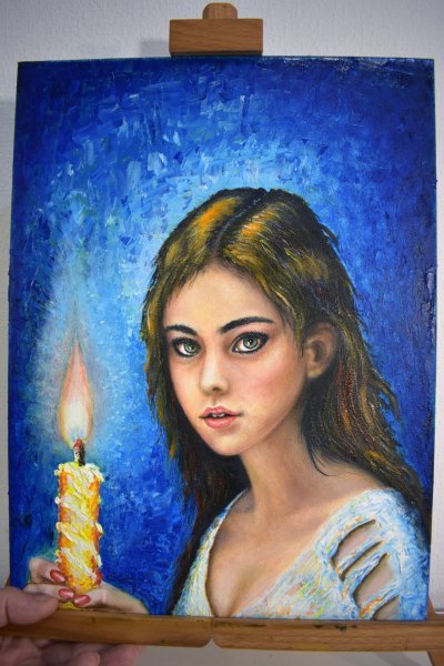 Additional view 1: Impressionism Portrait Painting Girl with a candle by painter Victor Ovcharenco oil fabric 