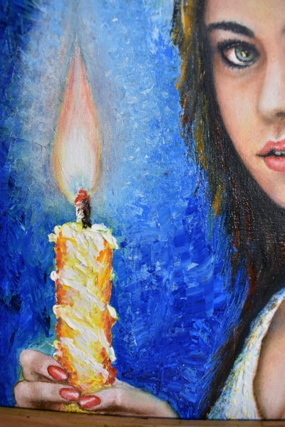 Additional view 3: Impressionism Portrait Painting Girl with a candle by painter Victor Ovcharenco oil fabric 