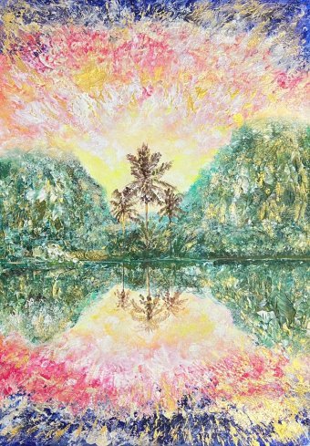 Gráfico "Amanecer en la isla", ilustrador Asiya Ray pintura acrílica papel en Jose Art Gallery