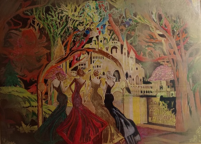 Fine Art Mythological Painting Night of Magic by painter BURNING BEAUTY mixed method wood 