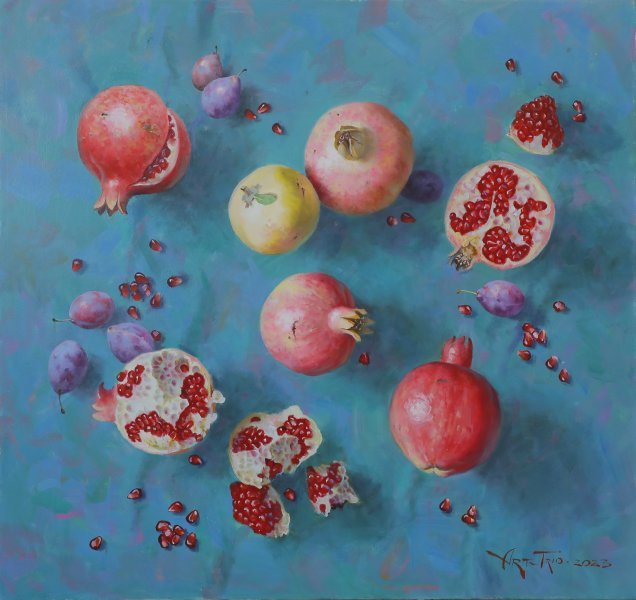 Fotorealismo Natura morta Pittura "Danza di melograni senza peso" pittore Art Trio olio tela 