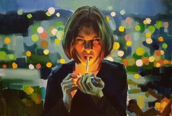 Painting "Girl with a Cigar: Intriguing" by painter Anton Babenko oil canvas at Jose Art Gallery