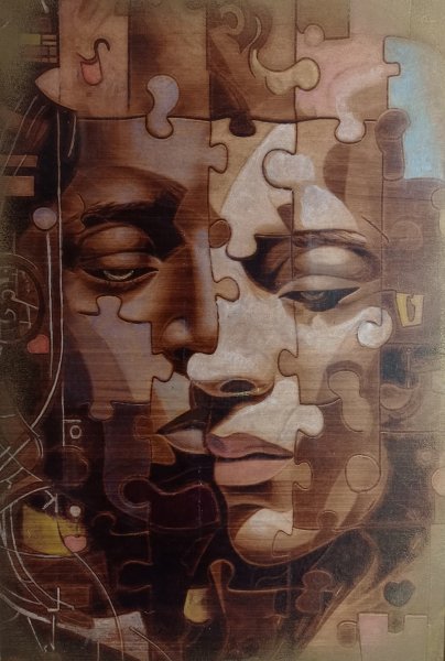 Pop Art Mythological Painting Puzzles. Finding Love. by painter BURNING BEAUTY mixed method wood 