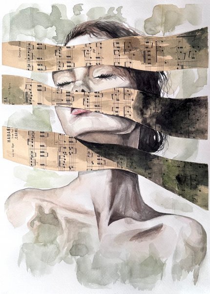 Figurative Portrait Painting Lost Voice: Watercolor Collage by painter Julia Shilo mixed method paper 