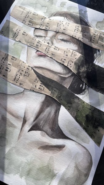 Additional view 1: Figurative Portrait Painting Lost Voice: Watercolor Collage by painter Julia Shilo mixed method paper 