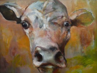 Peinture "Jeune vache tendre pleine de curiosité", peintre Lochter Andreas huile carton à la Jose Art Gallery