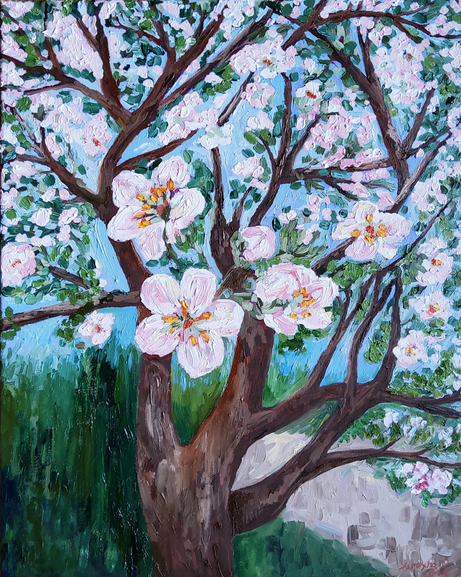 油絵 油彩  絵 絵画【Çherry blossom road】 A painting of a road with cherry blossom trees in bloom