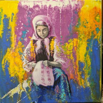 Painting "Embroiderer's Smile" by painter Nelya Marchuk acrylic canvas at Jose Art Gallery