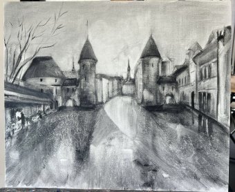Painting "Towers of Tallinn Painting" by painter Olga Chuchalova mixed method scratchboard at Jose Art Gallery