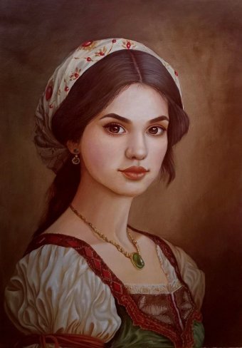 Peinture "Fille avec un foulard sur la tête", peintre Daryna Busyhina huile carton à la Jose Art Gallery