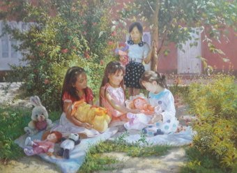Painting "A Perfect Childhood: Play and Joy" by painter Olim Muhammadali oil canvas at Jose Art Gallery