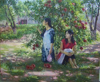 Painting "Brides: Secrets Behind the Pomegranate Tree" by painter Olim Muhammadali oil canvas at Jose Art Gallery
