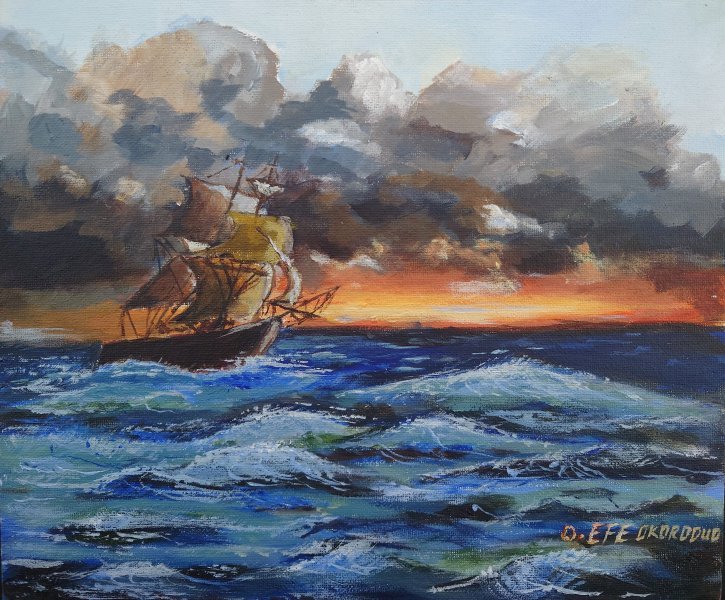 Contemporary Art Marine Art Painting Ship on Sea waves. by painter Ovwede Efe Art acrylic canvas 