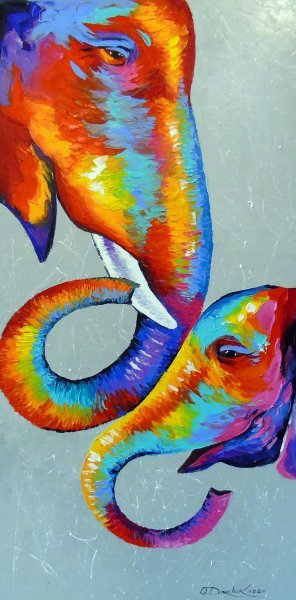 Pop Art Animal Painting Love elephants by painter Olha Darchuk oil canvas 