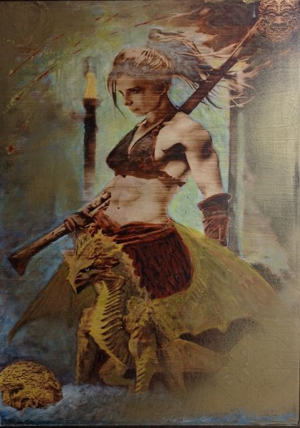 Academic Art Mythological Painting Valkyrie. Artifact by painter BURNING BEAUTY mixed method wood 