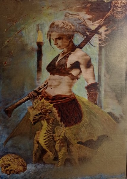 Additional view 1: Academic Art Mythological Painting Valkyrie. Artifact by painter BURNING BEAUTY mixed method wood 