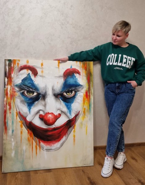Abstraccionismo Retrato Pintura "Joker: La mirada penetrante" pintor Natalya Bazilyuk óleo lienzo 