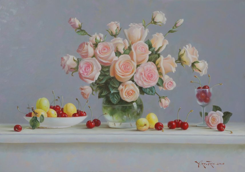 Fotorealismo Floreale Pittura "Lusso gentile: sussurro d'amore" pittore Art Trio olio tela 