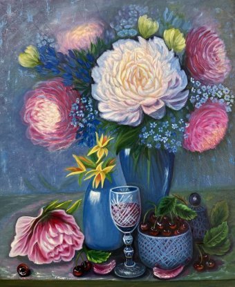 Painting "Aromas of peonies" by painter Liumar.art oil canvas at Jose Art Gallery