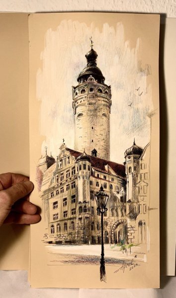 Additional view 1: Impressionism Cityscapes Drawing New Town Hall by illustrator Aprel mixed method paper 