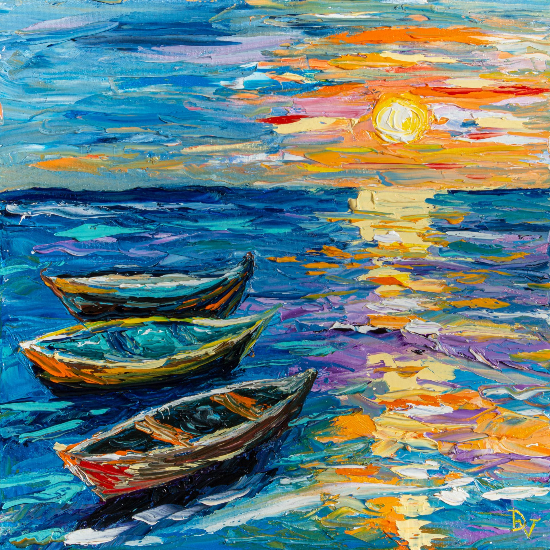 Boats at sunset light Painting by Vladyslav Durniev