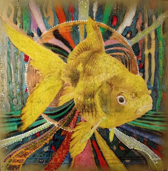 Pop Art Mythological Painting Goldfish. I found you! by painter BURNING BEAUTY mixed method wood 