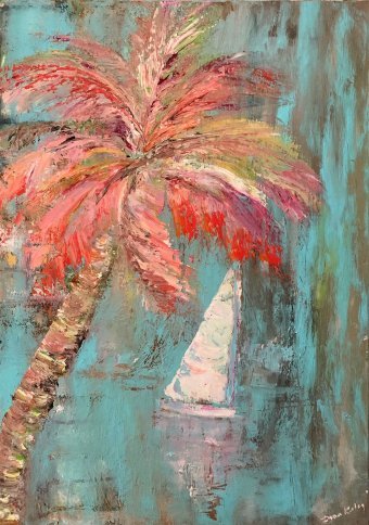 Painting "Calm Seascape with Sailboat" by painter Dora Kalinova acrylic canvas at Jose Art Gallery