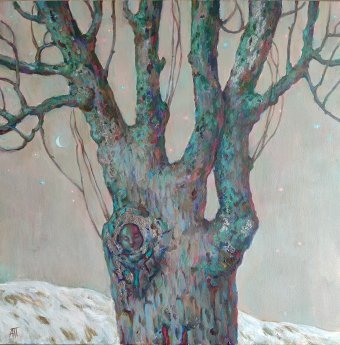 Painting "Mystical Tree: Surreal Landscape Art" by painter Aleksandra Plis acrylic canvas at Jose Art Gallery