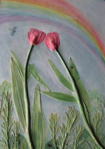 Painting "Drops of love bas-relief of flowers" by painter Elena Panchenya watercolor plaster at Jose Art Gallery