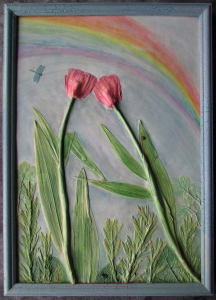 Additional view 2: Modern Flower Painting Drops of love bas-relief of flowers by painter Elena Panchenya watercolor plaster 