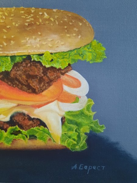 Immagine aggiuntiva 3: Fotorealismo Natura morta Pittura "Hamburger", pittore Olena Berest olio tela 
