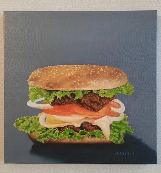 Immagine aggiuntiva 4: Fotorealismo Natura morta Pittura "Hamburger", pittore Olena Berest olio tela 