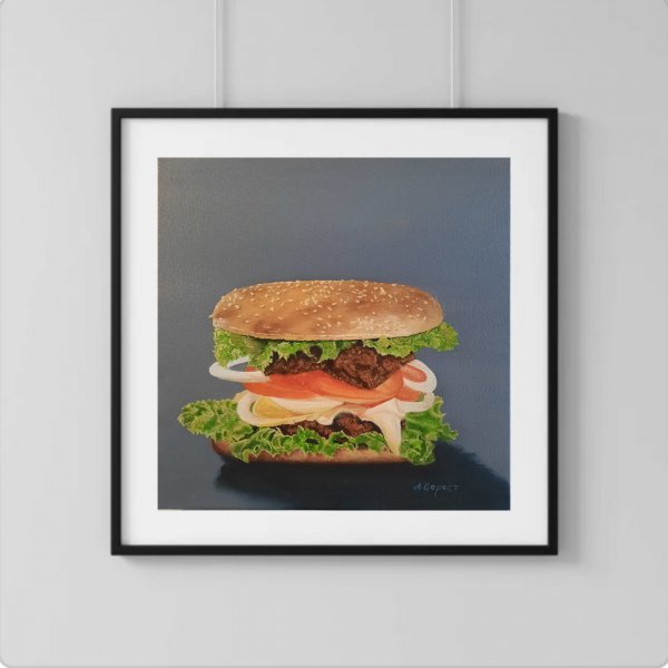 Immagine aggiuntiva 6: Fotorealismo Natura morta Pittura "Hamburger", pittore Olena Berest olio tela 