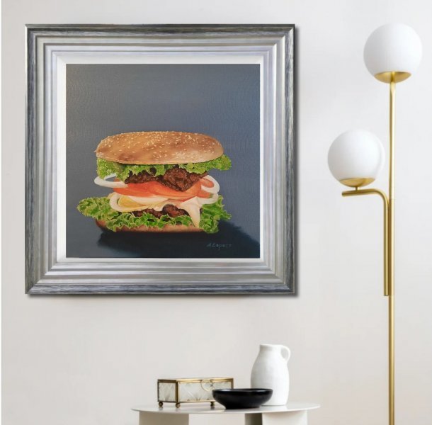 Immagine aggiuntiva 8: Fotorealismo Natura morta Pittura "Hamburger", pittore Olena Berest olio tela 