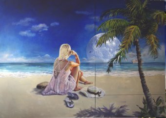 Painting "Girl by the Ocean: Waiting for a Miracle" by painter Leon Katz acrylic canvas at Jose Art Gallery