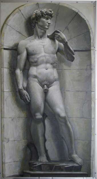 Pittura "Statua David Michelangelo Ritratto", pittore Leon Katz acrilico cartone alla Jose Art Gallery