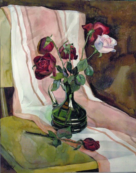 Realism Still-Life Painting Flowers Roses and Vase by painter Leon Katz watercolor paper 