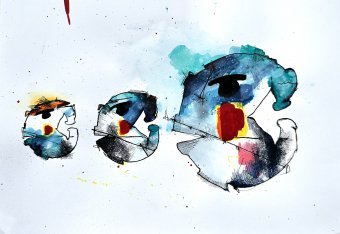 Pittura "Il pesce grosso decide", pittore Noumenona acrilico carta alla Jose Art Gallery