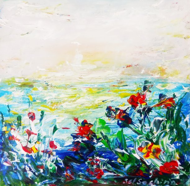 Minimalisme Paysage marin Peinture "Bateau blanc" peintre Selena Sashina huile toile 