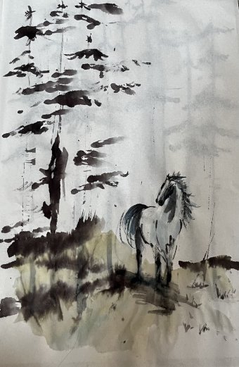 Живопись "Белая лошадь", живописец Вера Минина тушь бумага в Jose Art Gallery